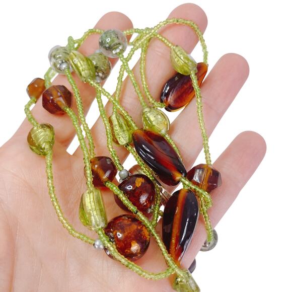 Vintage 44" Long Brown and Green Glass Seed Bead Bohemian Hippie Opera Necklace - Picture 4 of 10
